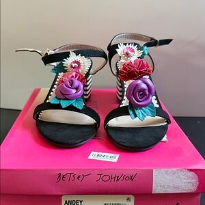 Betsey Johnson Black Sandals with Purple and Red Floral Accents